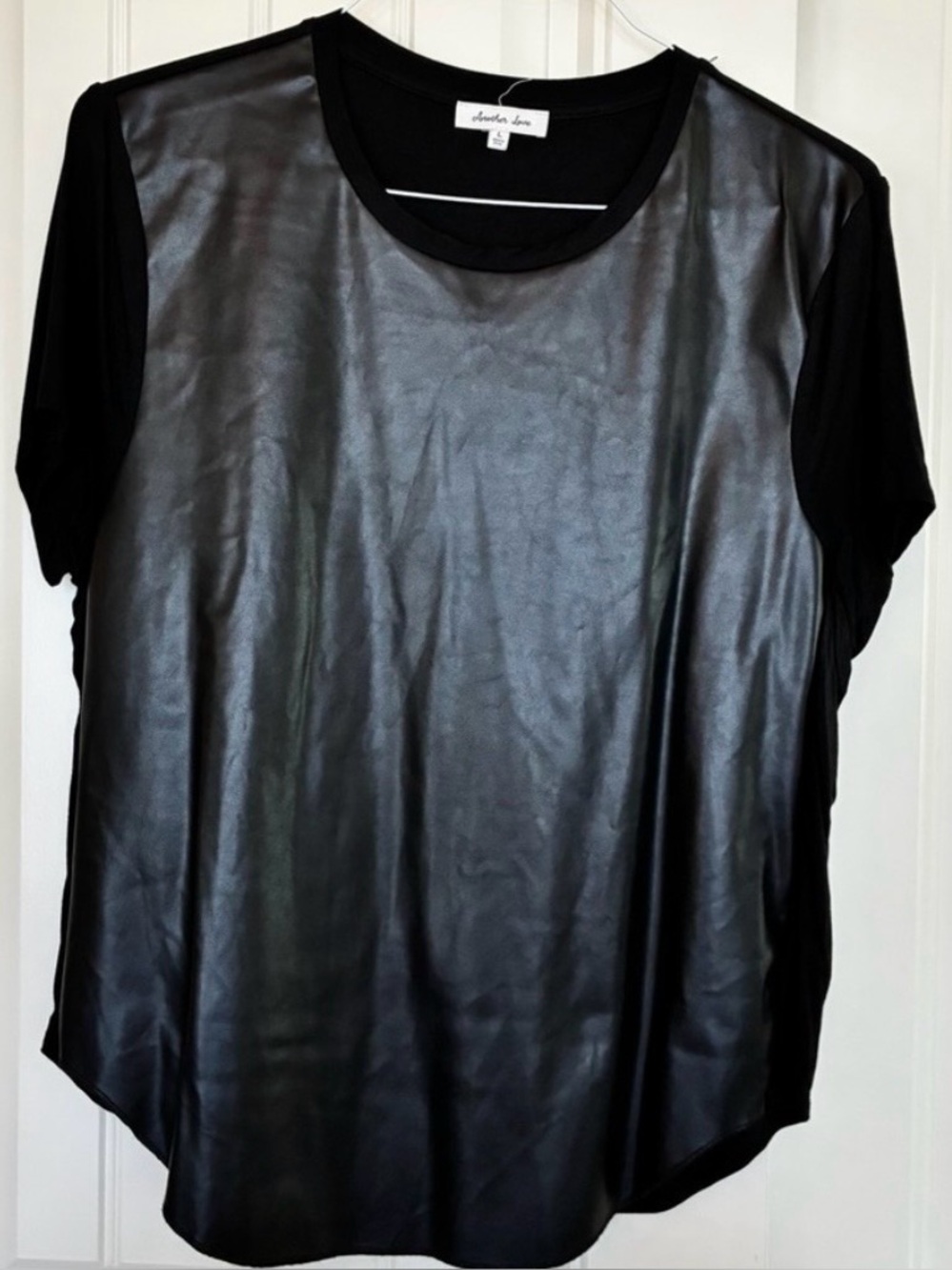 Another Love Black Faux-Leather Front Short Sleeve Tee